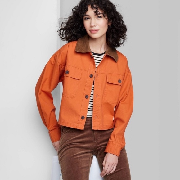 Wild Fable Orange Cropped Jacket with Corduroy Collar – Size XS - Picture 1 of 8